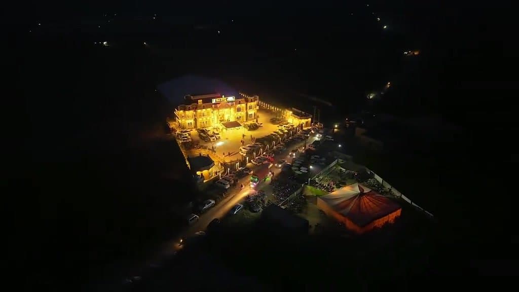 Evening Celebration — Aerial evening view over Sadiq Pearl Marquee on Rashidpur–Orangabad Road.